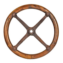 Wall Mural - Antique wooden car steering wheel isolated on white