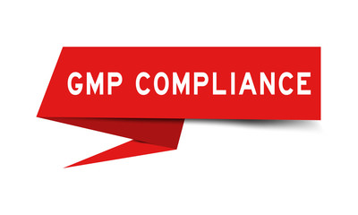 Sticker - Red color paper speech banner with word GMP (Abbreviation of good manufacturing practice) compliance on white background