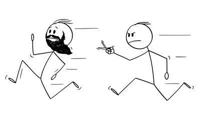 Canvas Print - Vector cartoon stick figure drawing conceptual illustration of bearded hipster man with full beard running away from angry barber with scissors.