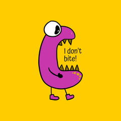 Funny hungry monster game character. With text I don't bite! in his big open mouth. Purple color, isolated on on yellow background. Cartoon style.