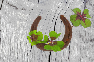 Wall Mural - fer à cheval et trèfles à quatre feuilles sur fond bois 