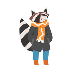 Canvas Print - Raccoon Wearing Warm Jacket, Scarf and Jeans, Humanized Forest Animal Character in Winter Clothes Cartoon Vector illustration