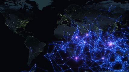 Wall Mural - global network for the exchange of data on the planet earth. blue black ground. digital abstract tec
