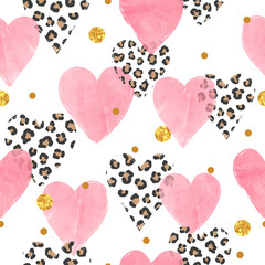 Wall Mural - Abstract pink watercolor hearts pattern with leopard print. Valentines Day seamless background.