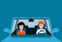 Couple Driving Blue Car Illustration. Man And Woman Characters Sitting On Front Seats Of Automobile, Going On Family Road Trip. Husband And Wife Driving Auto Isolate On Blue Background