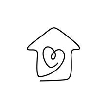 Heart Inside The House, Love And Family Symbol, Valentine's Day, Greeting Card, Continuous Line Drawing, Tattoo, Print For Clothes And Logo Design, Isolated Abstract Vector Illustration.