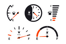 Set Of Fuel Gauge Scales. Fuel Meter. Fuel Indicator. Gas Tank Gauge. Oil Level Tank Bar Meter. Collection Fuel Gauge Speedometer On A White Background