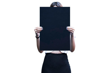 woman holding a clipboard with both hands isolated background