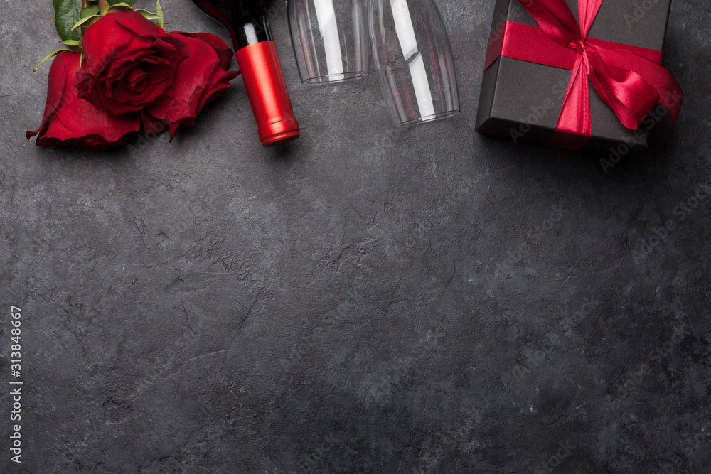Valentines day with wine and roses bouquet - obrazy, fototapety, plakaty 