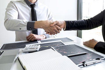 Businessman shaking hands after conversation, Finishing up a collaboration discussing of partner cooperation in investment marketing project and successful contract agreement to become teamwork