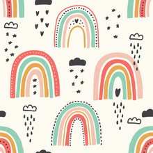 Cute Scandinavian Childish Seamless Pattern With Trendy Hand Drawn Rainbows