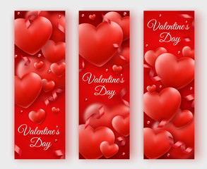 Wall Mural - Three Valentines Day vertical banners with red hearts, ribbons and colorful balls. Holiday card illustration on red backgrounds