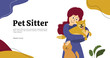 © OlgaStrelnikova - Design for pet sitter or care service, vet clinic, medicine, veterinary hospital. Vector illustration of cute girl hugging dog and stroking cat. Template for banner, leaflet, brochure, flyer, layout.