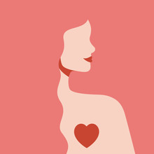 Silhouette Woman With Love In Her Heart. Girl With Long Pink Hair And Red Lips In Profile View. Self-care And Body-positive Concept. St Valentine's Day Card.