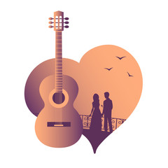 Acoustic guitar against the background of the silhouette of a couple in love with seagulls. Suitable for music logo and design. Vector isolated illustration.