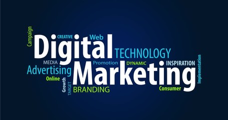 Wall Mural - Animated Digital Marketing Word Cloud on a Blue Background