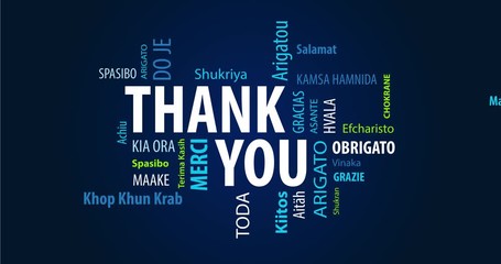 Wall Mural - Animated Thank You Word Cloud on a Blue Background