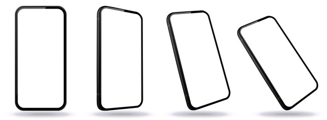 Wall Mural - mobile phone vector illustrations from different angles and perspectives with frameless white screen