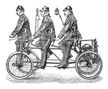 old fire brigade bicycle / vintage illustration from Brockhaus Konversations-Lexikon 1908
