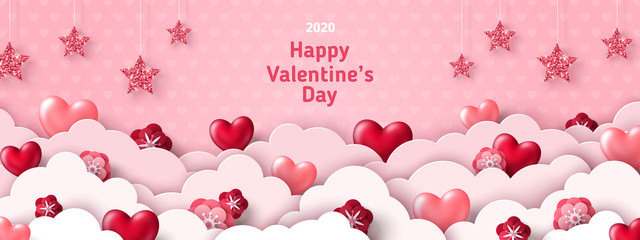 Happy Saint Valentine's day card, horizontal banner with paper cut clouds and holiday objects on pink background. Glittering hearts, stars and flowers. Place for text