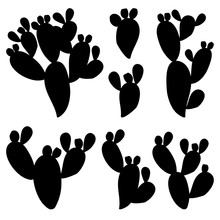 Set With Cactus Indian Fig Opuntia Or Prickly Pear Silhouettes In Black Isolated On White Background. 