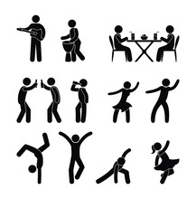 People Having Fun, Dancing, Playing Musical Instruments, Stick Figure Man Pictogram, Human Silhouettes Isolated On White Background, Concept Of Recreation And Entertainment