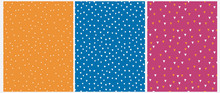 Geometric Seamless Vector Patterns. Simple Irregular Dotted Print. Simple  Hand Drawn Hearts On A Blue Background. White And Orange Triangles On A Dark Pink Layout. Orange Dotted Vector Design.