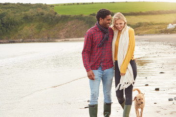 Wall Mural - Loving Couple With Pet Dog Holding Hands Walking Along Beach Shoreline