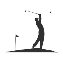 Golf Swing, Golf Player Isolated Silhouette, Golfer Illustration With Ball Flag And Club. Stock Vector Illustration Isolated On White Background.