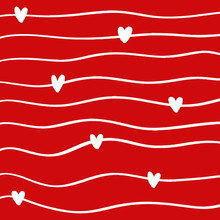 White Wave With Hearts On Red Background Seammles Pattern Vector.