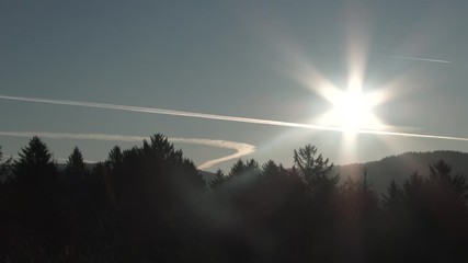 Wall Mural - Contrails Pass Through Sunrise Sky Over Forest Landscape