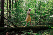 Woman Walking On Fallen Tree In Forest