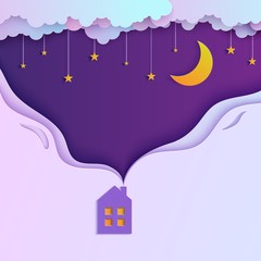 Wall Mural - Night sky in paper cut style. Cute house with smoke from the chimney. 3d background with violet and blue gradient cloudy landscape with stars on rope and moon papercut art. Vector card. Origami clouds