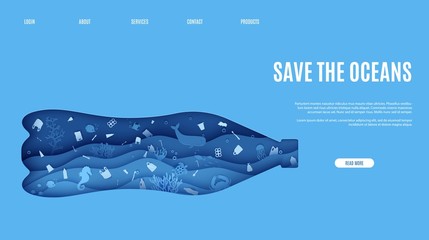 Web page stop ocean plastic pollution banner design template in paper cut style. Underwater view through the bottle silhouette. Seabed reef and fish in waves Vector World Water Day website concept.