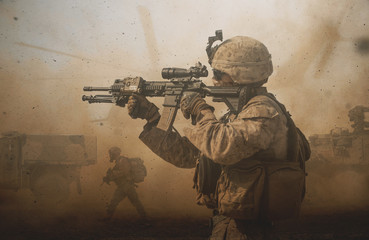 Military troops and machines on the way to the battlefield in desert.