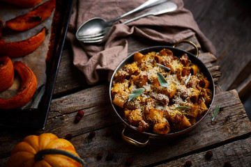 Wall Mural - PUMPKIN BAKED ZITI WITH SAGE SAUSAGE .style rustic