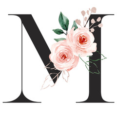 Wall Mural - Letter m, alphabet with watercolor flowers roses and leaf. Floral monogram initials perfectly for wedding invitation, greeting card, logo, poster and other. Holiday design hand painting.