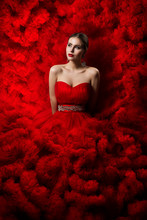 Fashion Model Art Red Dress, Woman Beauty Portrait, Beautiful Girl In Waves Cloth Gown