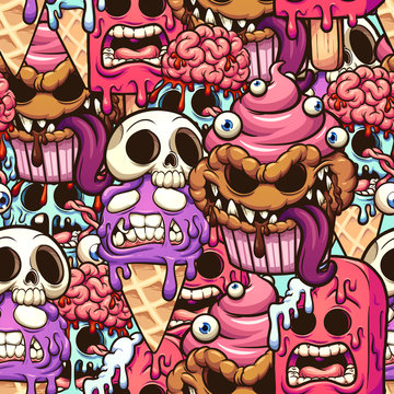 monster desserts seamless pattern cartoon. vector clip art illustration with simple gradients. some 