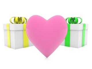 Pink heart between two gift boxes