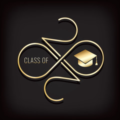 Class of 2020 Glossy Gold Style Numerals Logo with Zeroes Making Mobius Loop Square Academic Graduation Cap Sign and Lettering - Golden on Black Background - Gradient Graphic Design