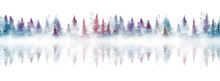 Seamless Pattern With Foggy Spruce Forest Reflected In A River. Watercolor Fir Trees Isolated On White Background.