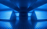 Fototapeta Perspektywa 3d - 3d render, blue neon abstract background, ultraviolet light, night club empty room interior, tunnel or corridor, glowing panels, fashion podium, performance stage decorations,