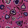 Folk pattern, seamless textile design with hand drawn folk flowers and abstract hearts. Traditional native art decorative ornament on purple background.