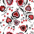 Folk pattern, seamless textile design with hand drawn folk flowers and abstract hearts. Traditional native art decorative ornament on white background.