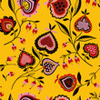 Folk pattern, seamless textile design with hand drawn folk flowers and abstract hearts. Traditional native art decorative ornament on yellow background.