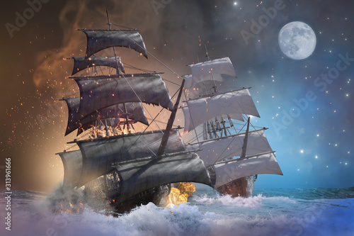 sea battle pirate ship 3d render