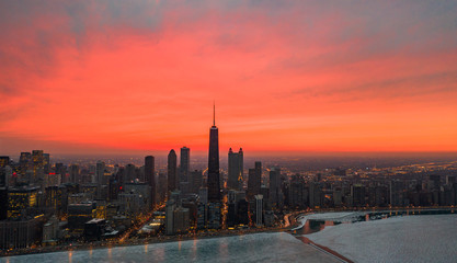 Wall Mural - Chicago aerial panorama at sunset winter