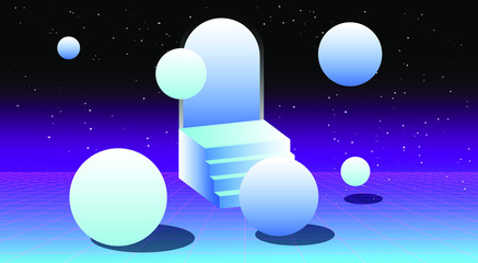 Wall Mural - retrowave/ vaporwave/ synthwave style illustration with staircase and arch on laser grid with floati