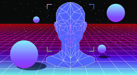 Aufkleber - Retrowave/ vaporwave/ synthwave style illustration with 3d grid of human head with floating in zero gravity spheres on laser grid. Surreal retrofuturistic backround.